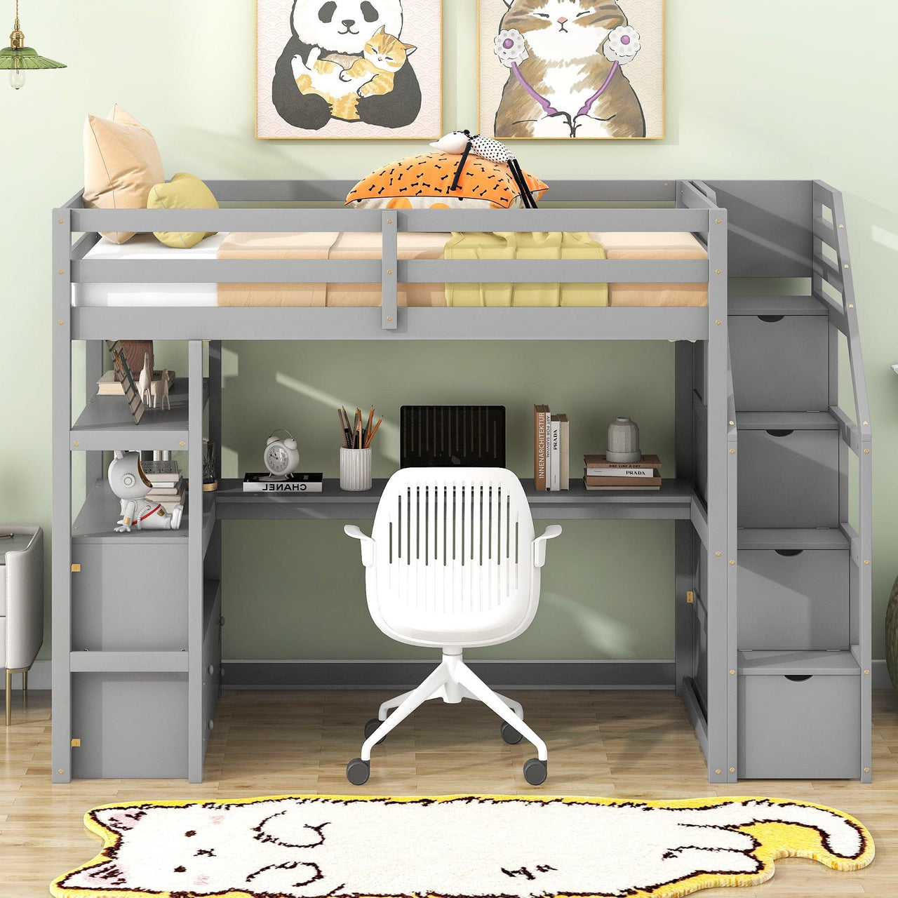 Twin Size Loft Bed with Desk and Shelves, Two Built-in Drawers, Storage Staircase, Gray