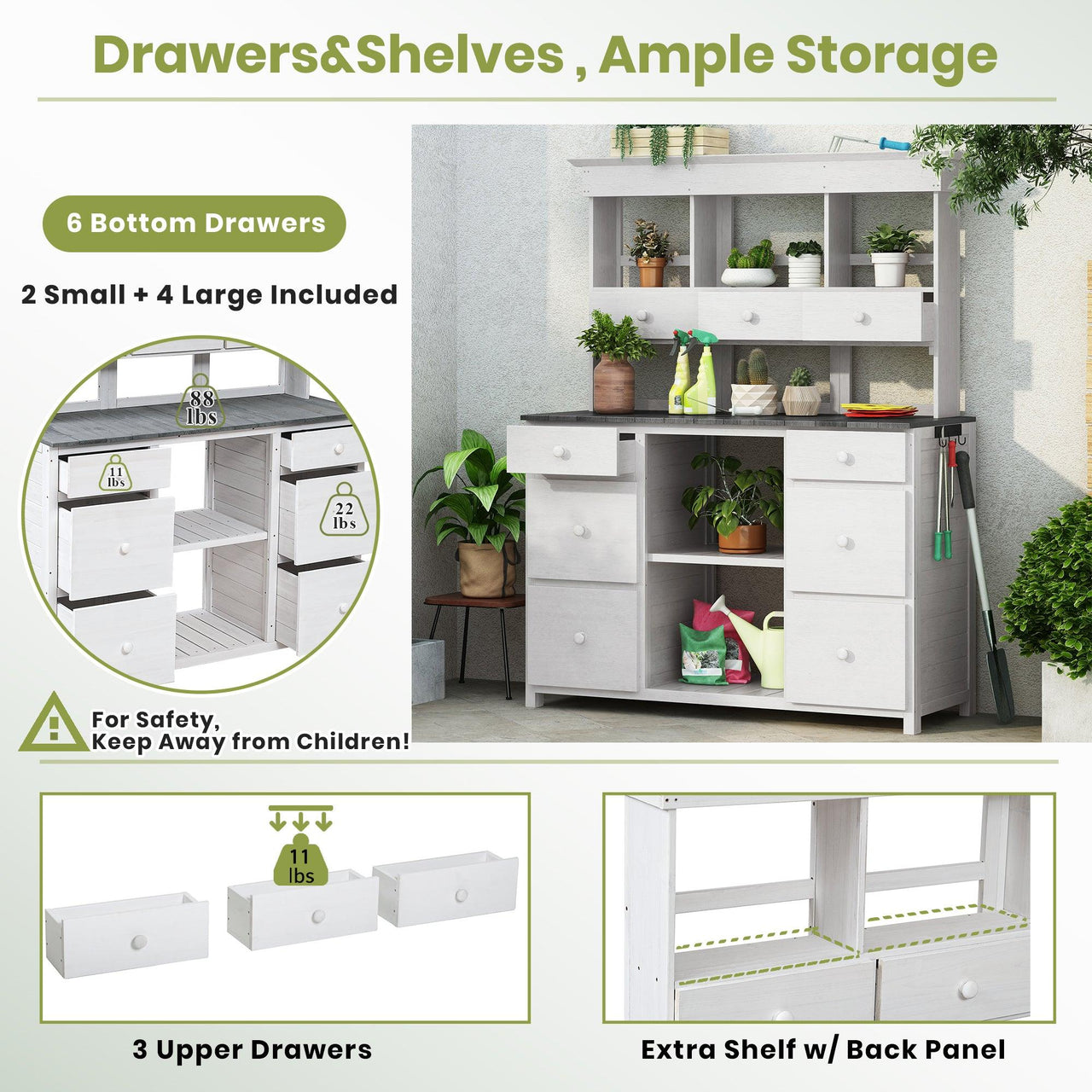 Garden Potting Bench Table: Rustic Design with Multiple Drawers and Shelves, White and Gray