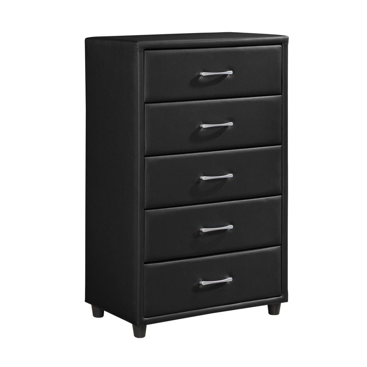 Contemporary Black Faux Leather 5-Drawer Chest with Silver Tone Bar Pulls