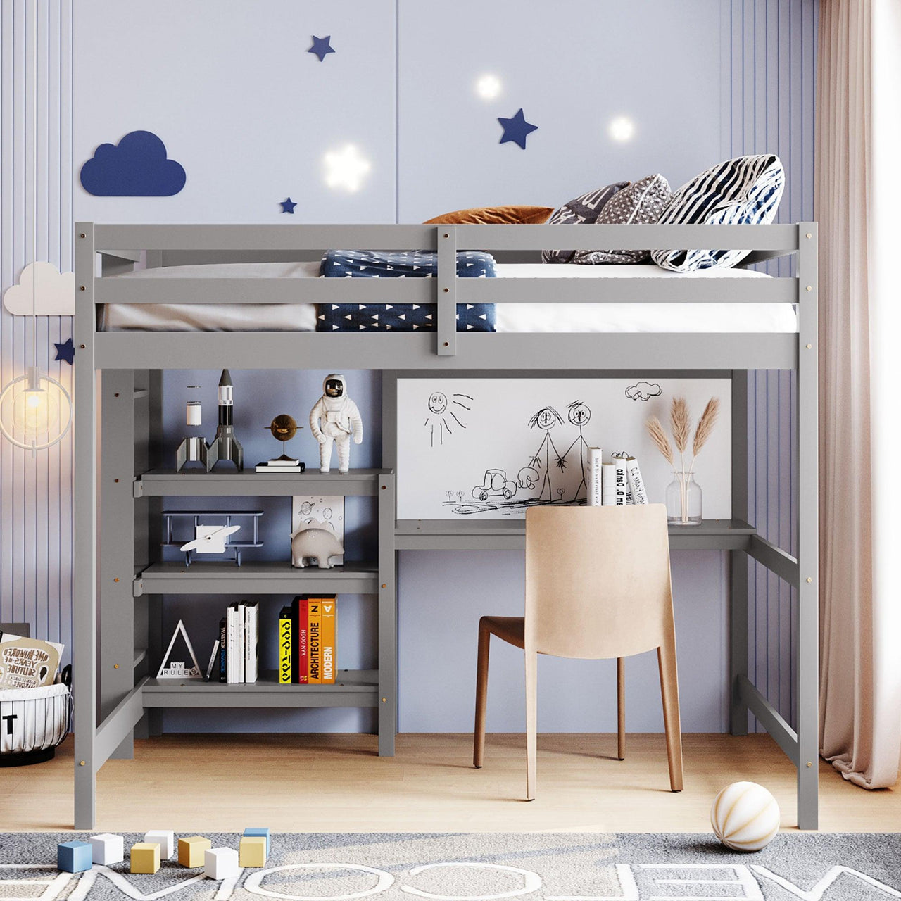 Full Size Wooden Loft Bed with Shelves, Desk and Writing Board - Gray