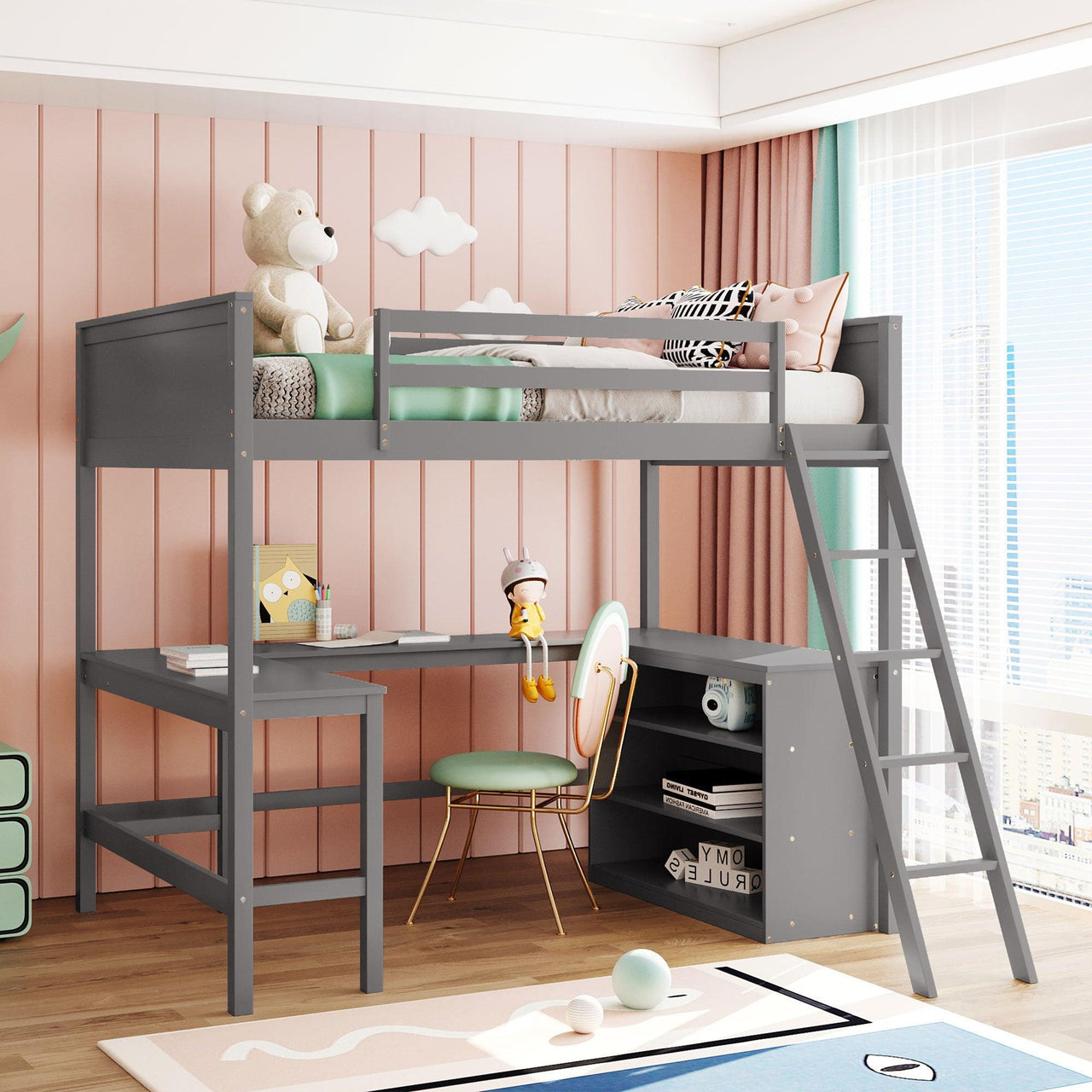 Gray Full-Size Wooden Loft Bed with Shelves and Built-in Desk