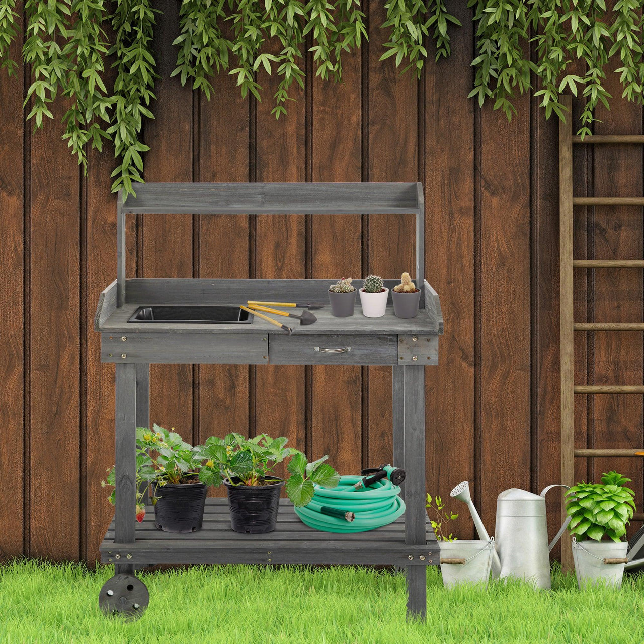 36'' Wooden Potting Bench with Wheels, Sink, Drawer & Large Storage, Gray