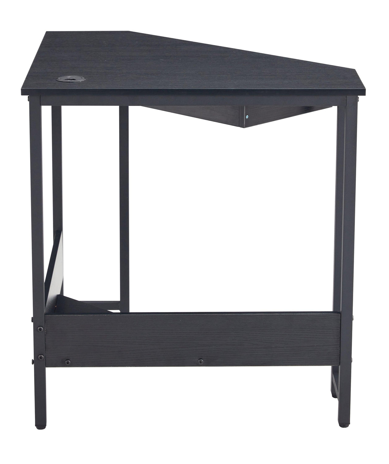 Black Triangle Corner Desk with Keyboard Tray, Storage Shelves, and Sturdy Steel Frame