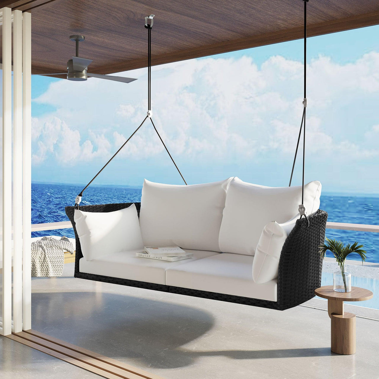 51.9" Rattan Woven 2-Person Hanging Swing Chair, Black Wicker with White Cushion