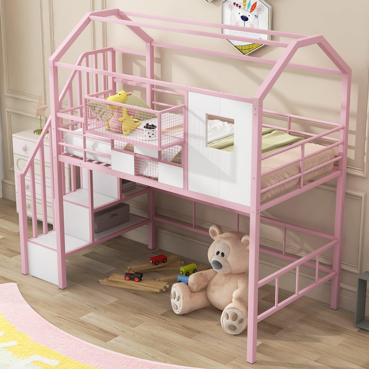 Metal Loft Bed with roof design and a storage box, Twin, Pink