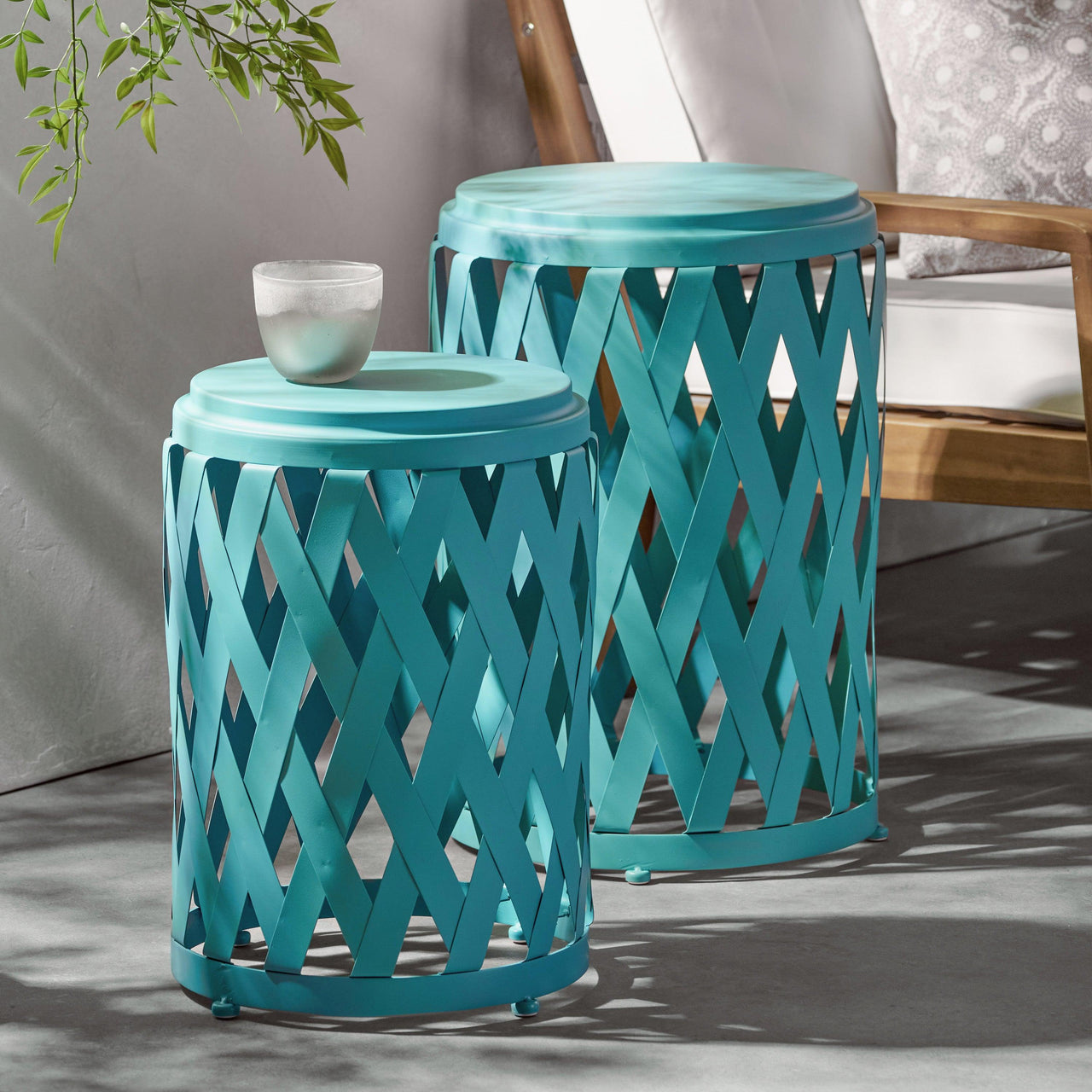 Teal Lattice Design Iron Side Tables (Set of 2)