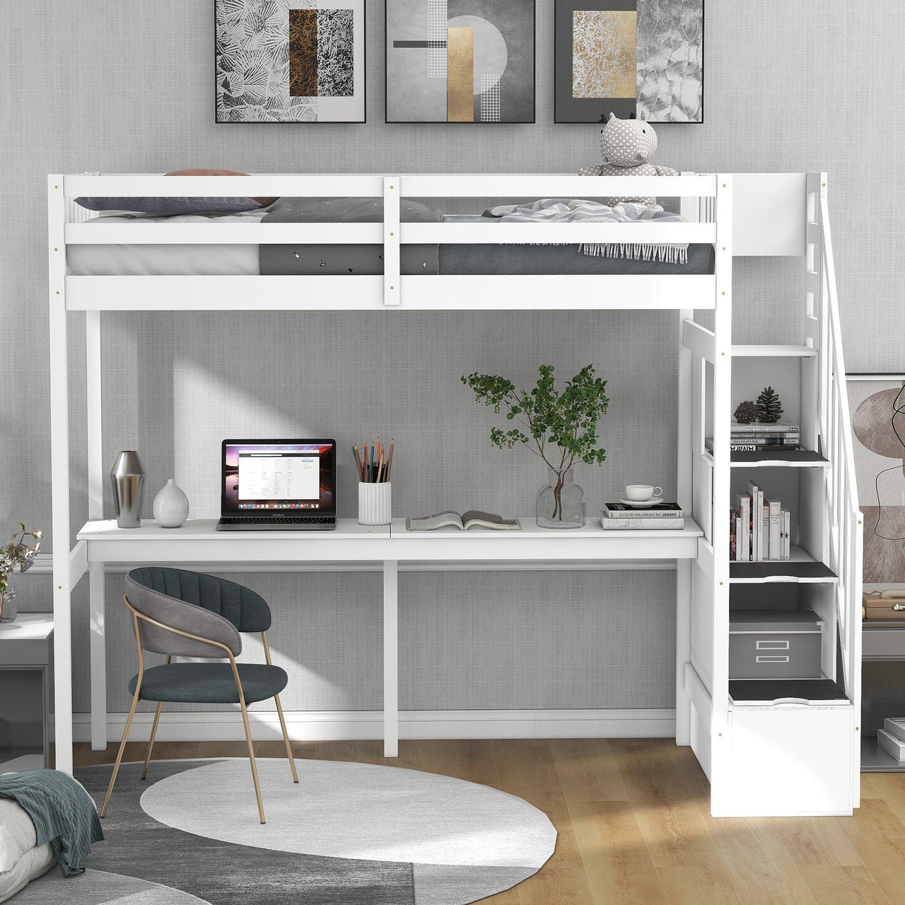 White Twin Loft Bed with Storage Staircase and Built-in Desk