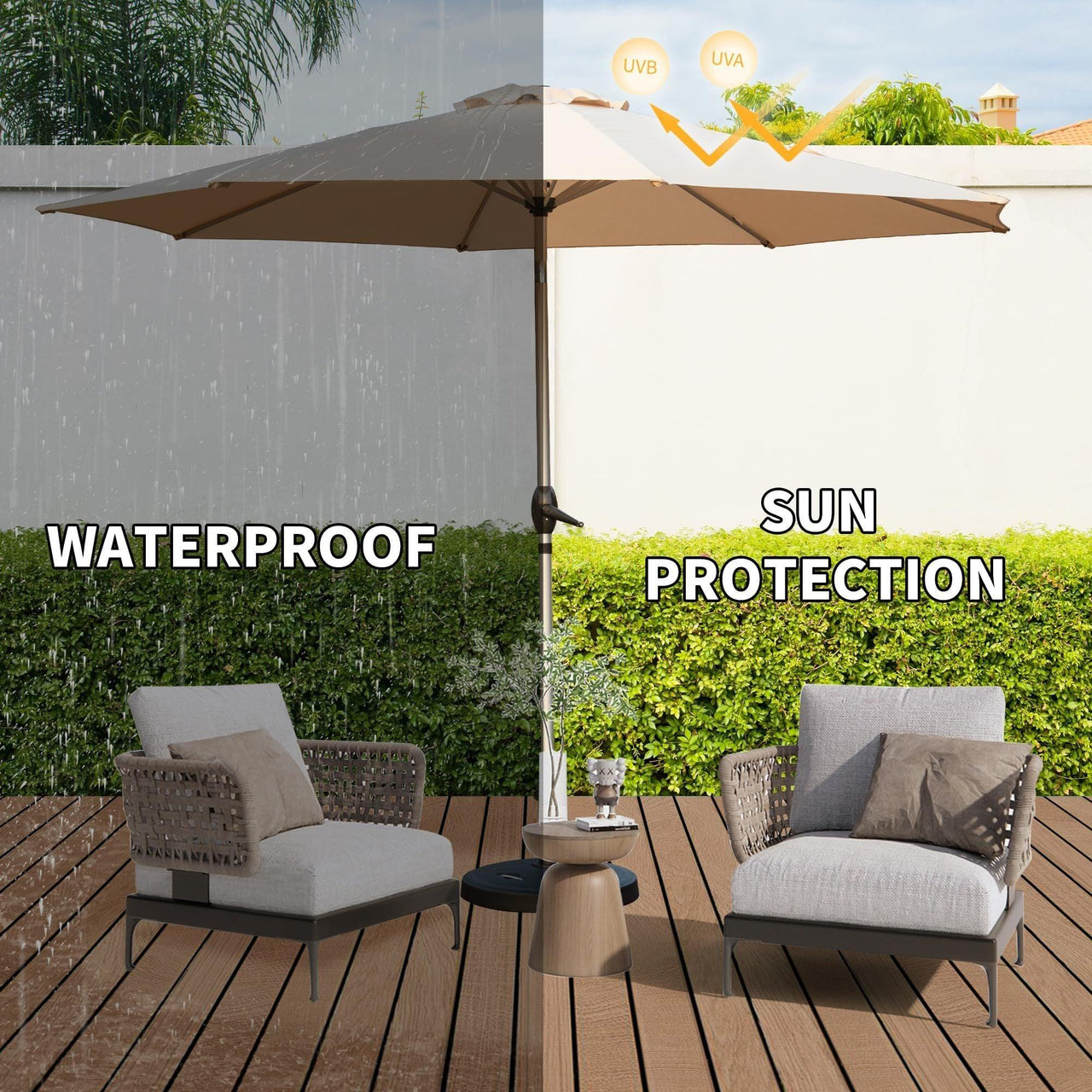 10FT Beige Patio Umbrella with Push-Button Tilt & Crank, UV Protection, Waterproof, 8 Ribs