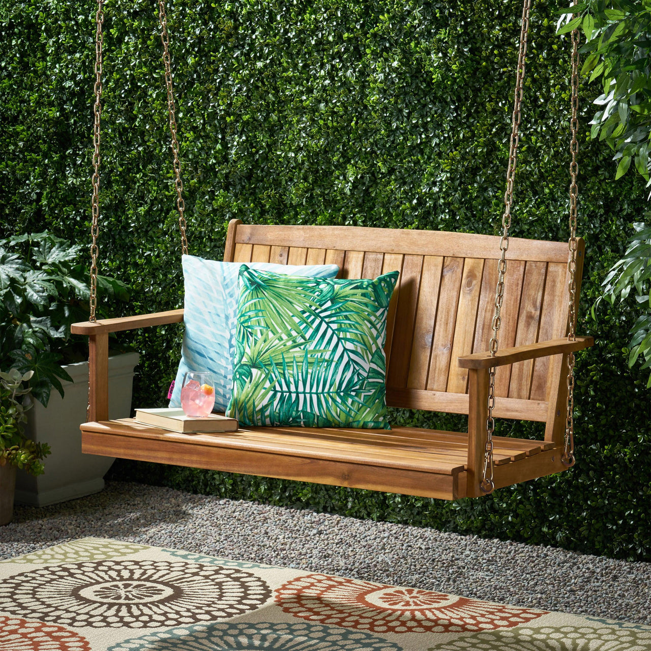 Modern Acacia Wood Teak Wood and Metal Porch Swing