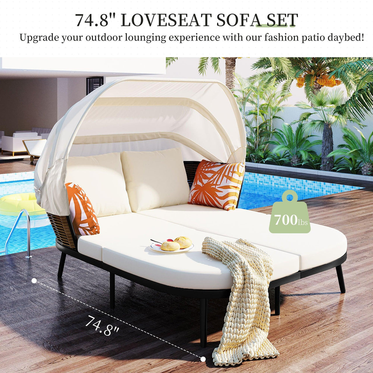 74.8" L Patio Daybed with Retractable Canopy, Rattan PE Wicker Back Loveseat Sofa Set with Throw Pillows and Cushions for Backyard, Beige