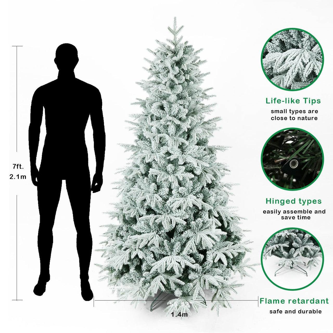 Snow Flocked Christmas Tree 7ft Artificial Hinged Pine Tree with White Realistic Tips Unlit